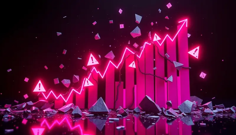 Ilustração de gráfico de alcance em queda com sinais de alerta e erros comuns nas redes sociais