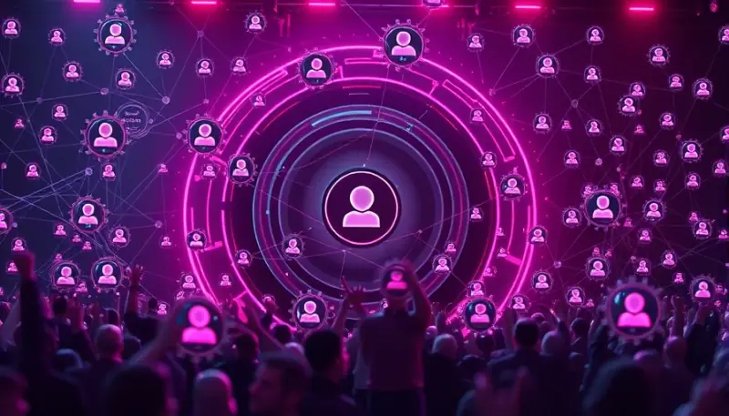 Ilustração de interface de Reels do Instagram com engrenagens de algoritmo e métricas de distribuição