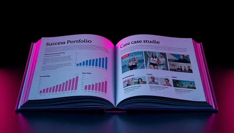 Portfólio digital aberto mostrando cases de sucesso com gráficos de crescimento e prints de redes sociais