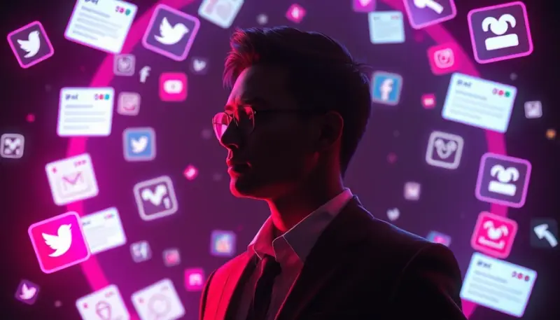 Silhueta de profissional cercada por ícones de redes sociais, posts e métricas representando marca pessoal