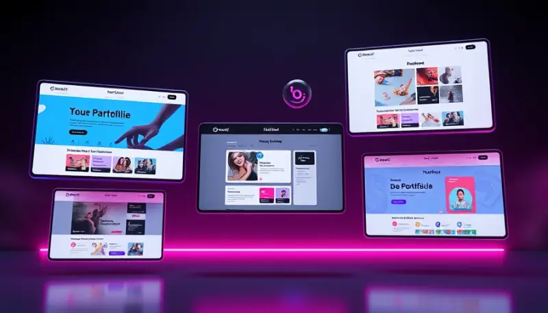 Telas flutuantes de diferentes plataformas de portfólio como Notion, Behance e Canva em perspectiva 3D