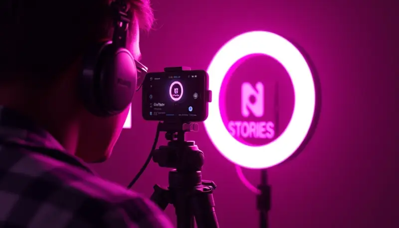 Pessoa filmando bastidores de produção de conteúdo com smartphone mostrando Stories sendo criados