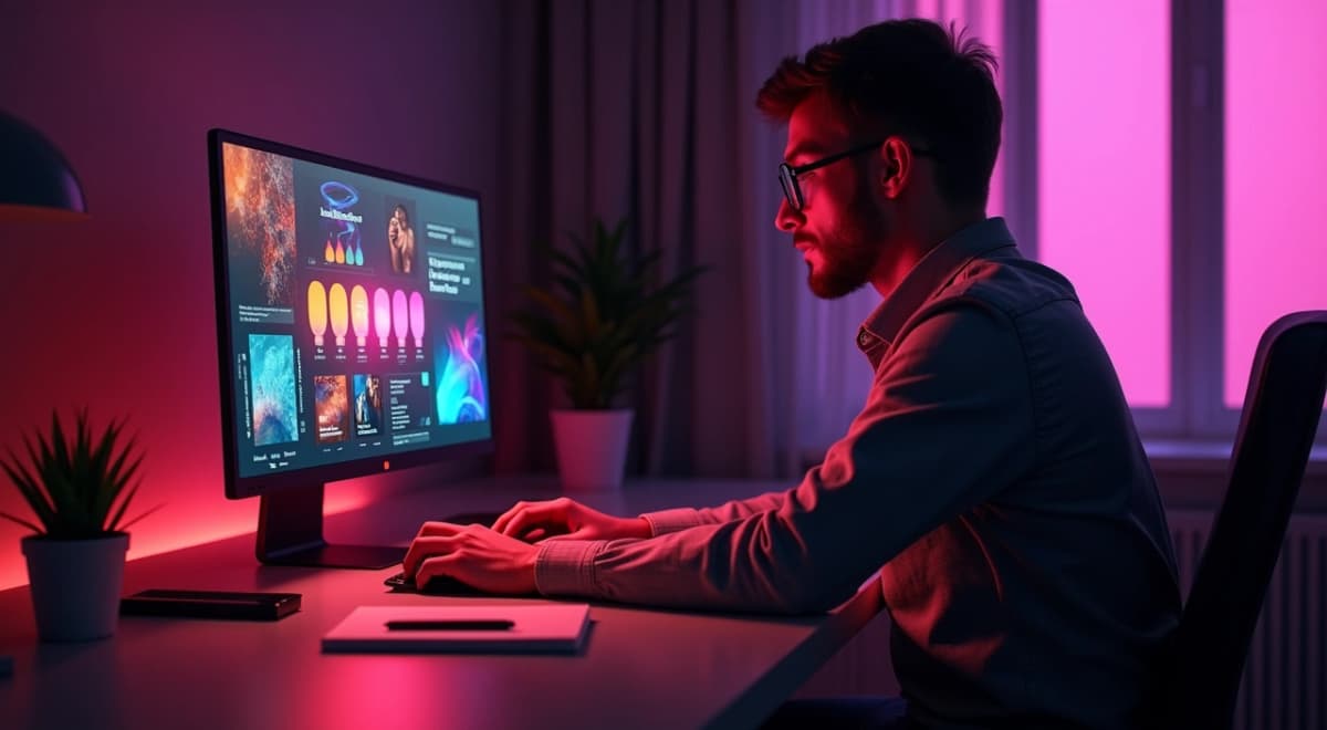 Profissional de marketing digital em frente a notebook, tela mostrando uma proposta comercial com slides coloridos no Gamma, ambiente de home office organizado