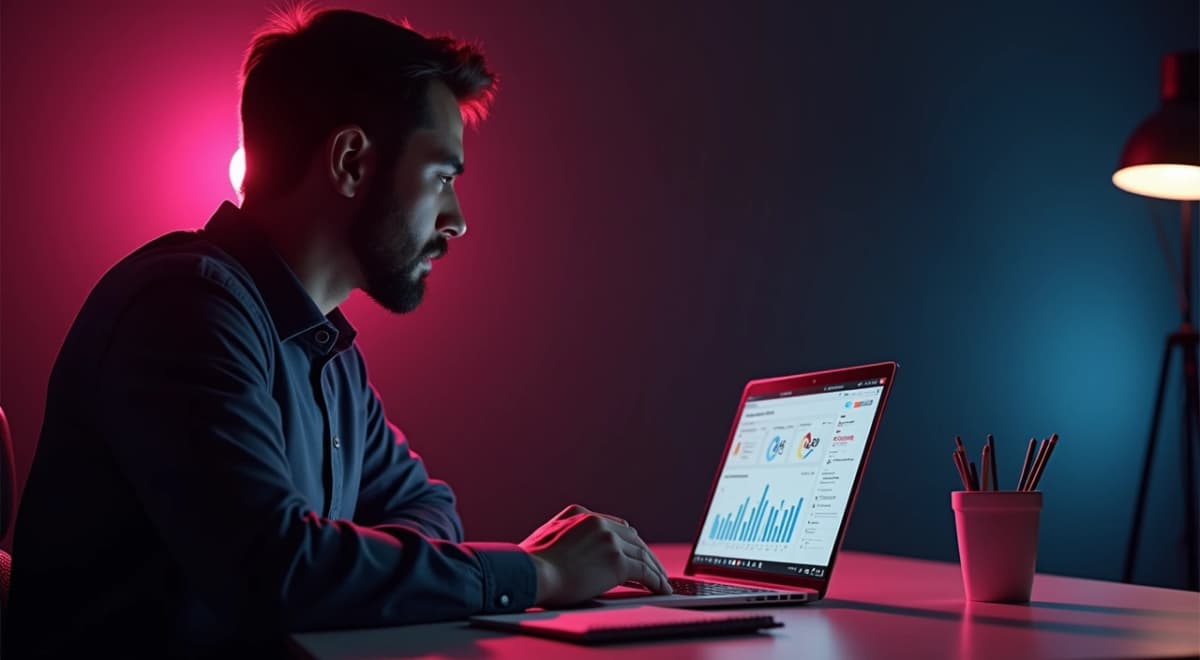 Social media manager em reunião de videoconferência via notebook, tela mostrando apresentação de slides com dados de resultados, anotações num caderno ao lado,