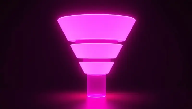 Funil AIDA com as etapas Atenção, Interesse, Desejo e Ação representadas em camadas visuais