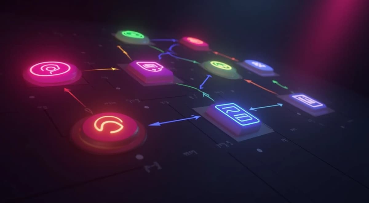 tela do software Make mostrando um fluxo de automação visual com módulos coloridos conectados por setas representando integrações entre Instagram, Google Sheets