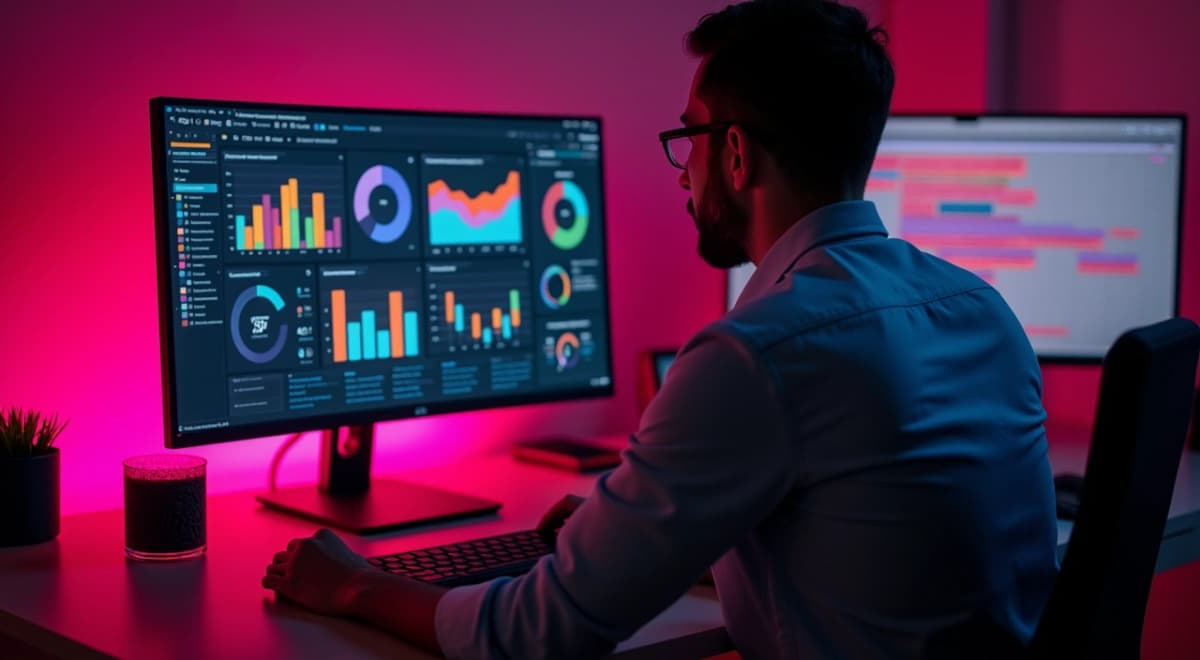 profissional de marketing digital trabalhando em home office com dois monitores, um mostrando dashboard de métricas de redes sociais com gráficos coloridos e ou