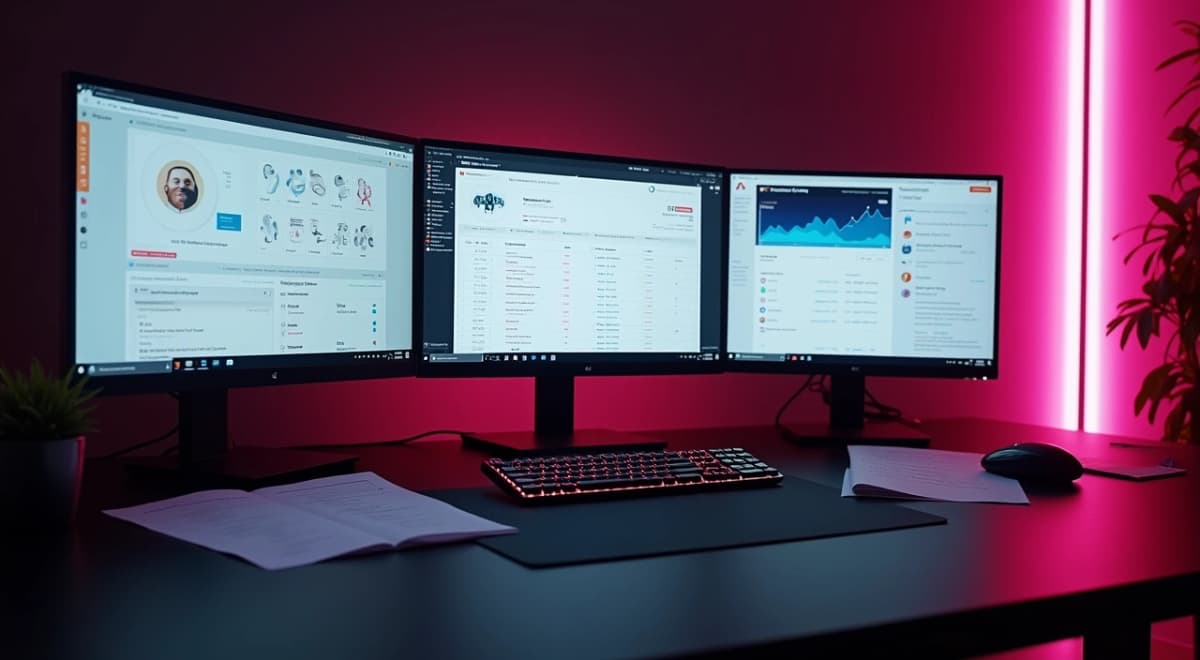 painel de trabalho moderno com múltiplas abas abertas mostrando interfaces do ChatGPT, Midjourney e Meta Ads Manager, teclado iluminado e anotações estratégicas
