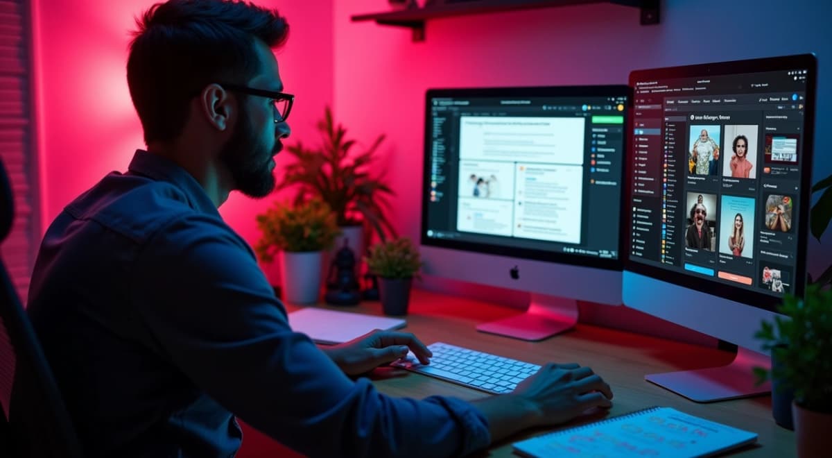 profissional de social media trabalhando no notebook com interface do ChatGPT aberta à esquerda e grade de feed do Instagram à direita, caderno com anotações de
