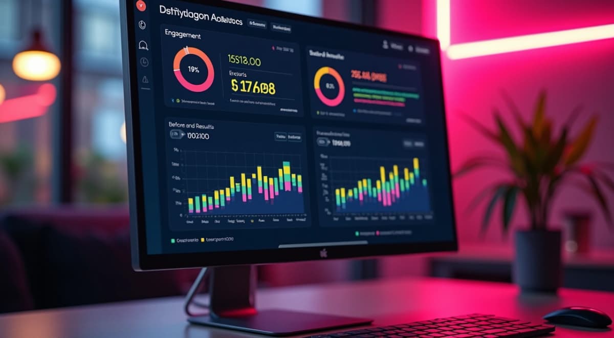dashboard analítico de marketing digital mostrando gráficos de engajamento, custo por resultado e ROI de campanhas, com comparativo visual entre resultados pré