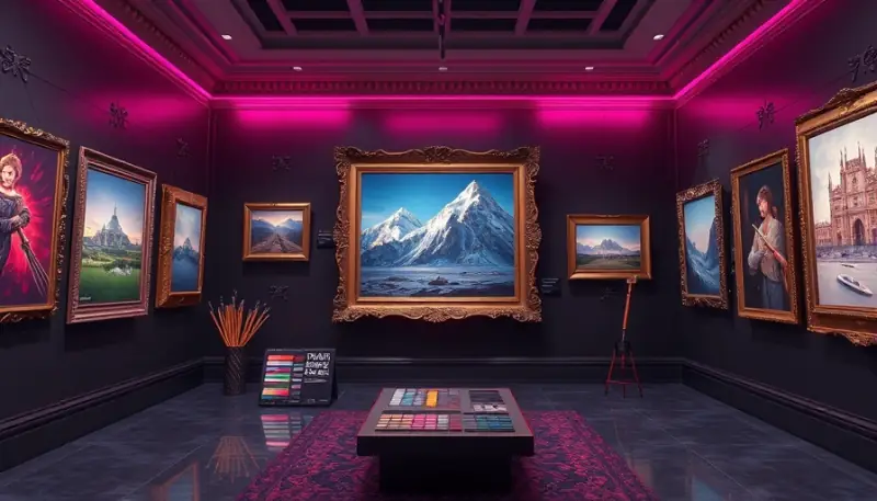 Ilustração de galeria de imagens geradas por inteligência artificial com paleta de cores e pincéis digitais