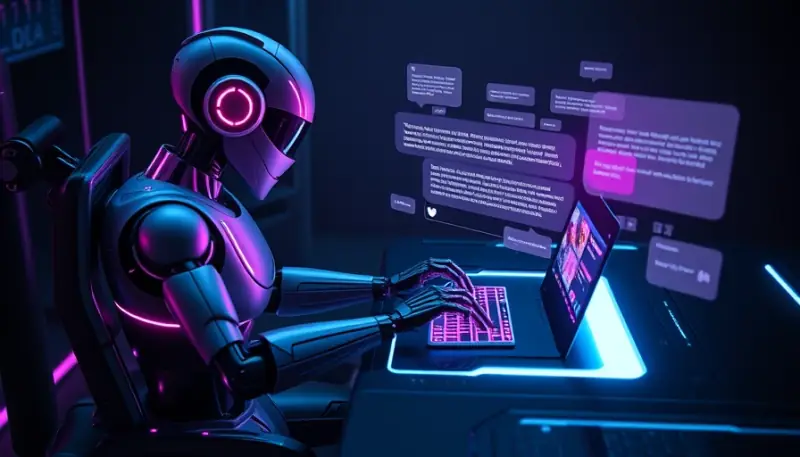 Ilustração de robô de inteligência artificial escrevendo textos e legendas em tela holográfica