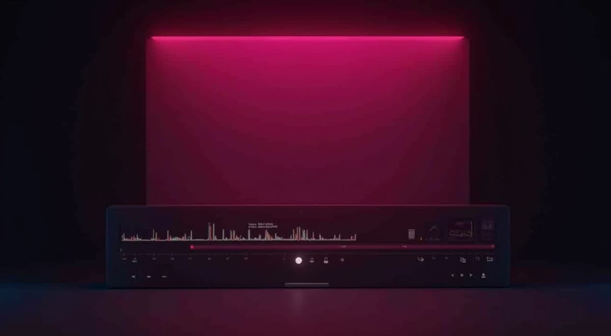 Tela do aplicativo LinkedIn com editor de vídeo aberto, mostrando timeline de edição horizontal, botões de efeitos visuais, biblioteca de áudios profissionais à