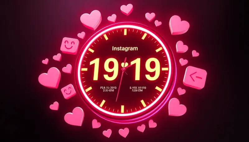 Relógio digital flutuante mostrando horários de pico do Instagram com ícones de engajamento ao redor