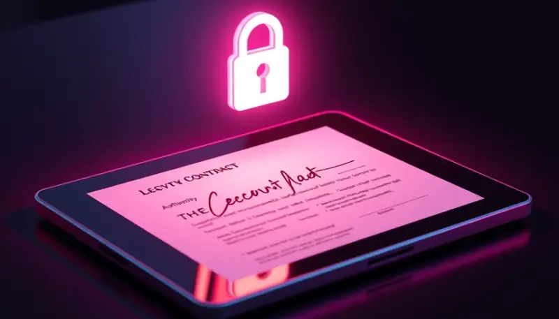 Tablet exibindo contrato com assinatura digital brilhante e ícone de cadeado de segurança