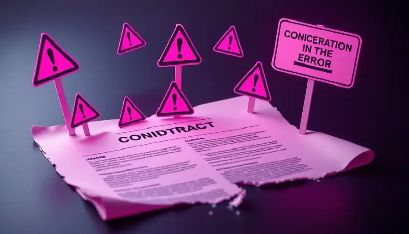 Sinais de alerta e ícones de erro flutuando sobre um contrato rasgado representando armadilhas contratuais