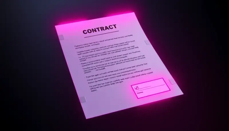Documento de contrato digital flutuante com cláusulas destacadas e selo de assinatura digital