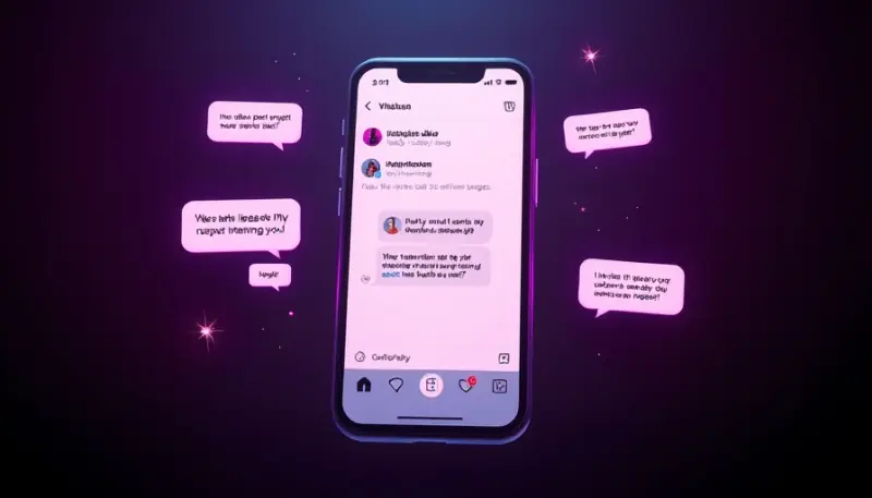 Ilustração de tela de smartphone com legendas de Instagram sendo geradas por inteligência artificial