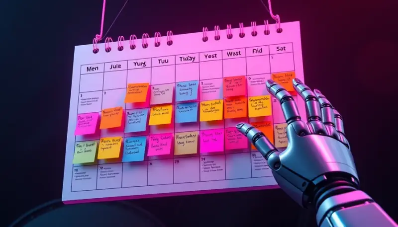 Ilustração de calendário editorial de conteúdo com post-its coloridos e planejamento mensal