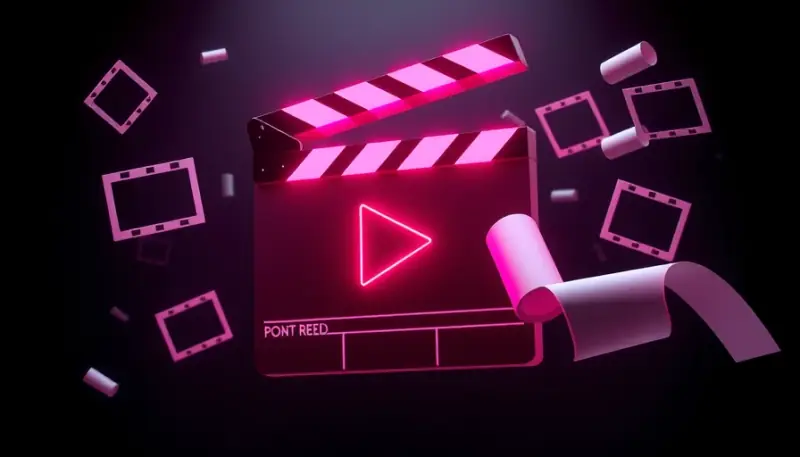 Ilustração de roteiro de vídeo Reels com claquete e elementos de produção audiovisual