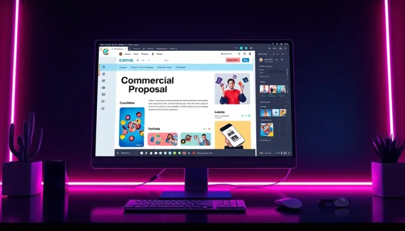 Tela de computador mostrando proposta comercial sendo desenhada no Canva com elementos de design profissional