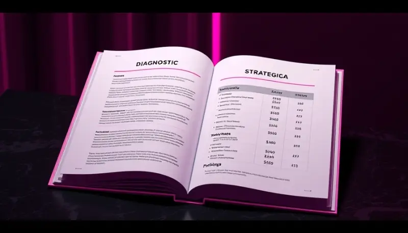 Proposta comercial elegante aberta sobre mesa com seções de diagnóstico, estratégia e pacotes de preço