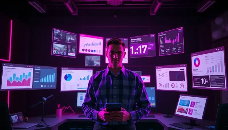 Profissional de social media gerenciando múltiplos projetos de clientes em telas e dashboards organizados