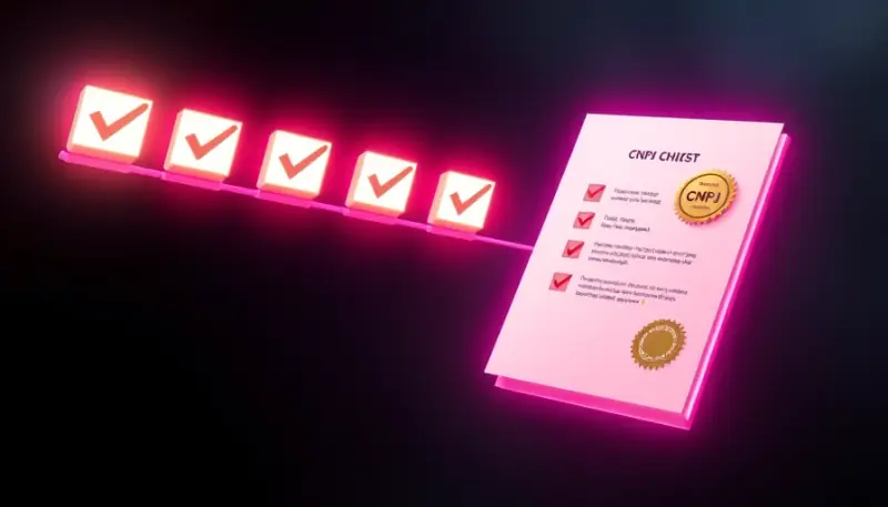 Ilustração de checklist de abertura de CNPJ com etapas de formalização empresarial