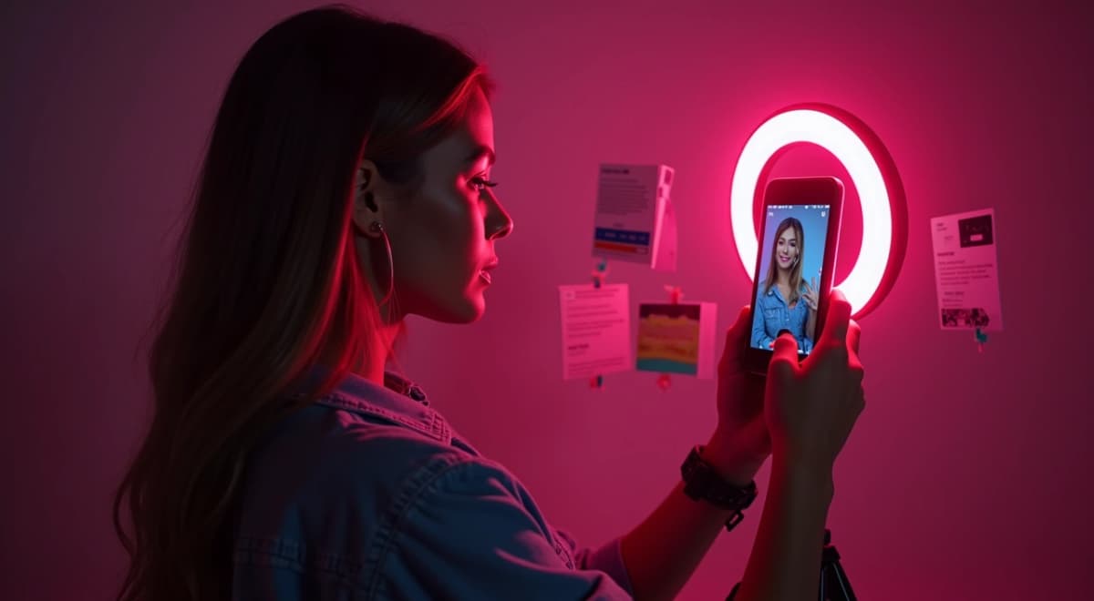 Criadora brasileira gravando vídeo vertical para TikTok com smartphone em tripé e ring light rosa, produção de conteúdo edutainment com storyboard e roteiros ao redor