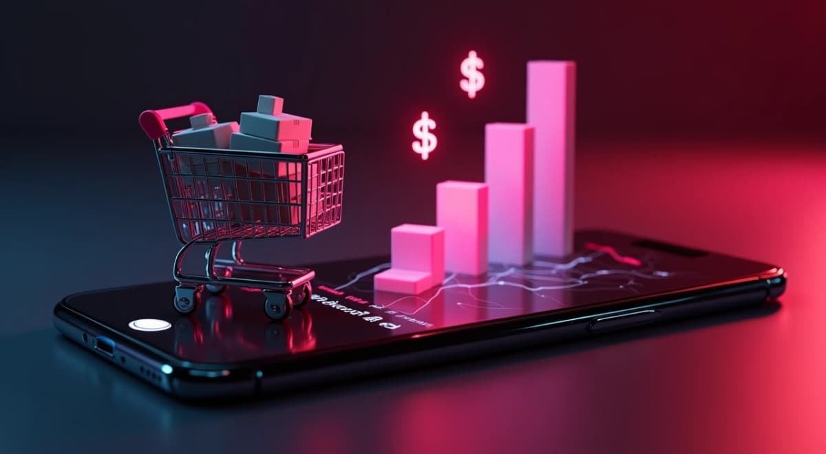 TikTok Shop e live commerce: smartphone mostrando live shopping com produtos, carrinho de compras, cifrões e gráficos de GMV subindo explodindo da tela