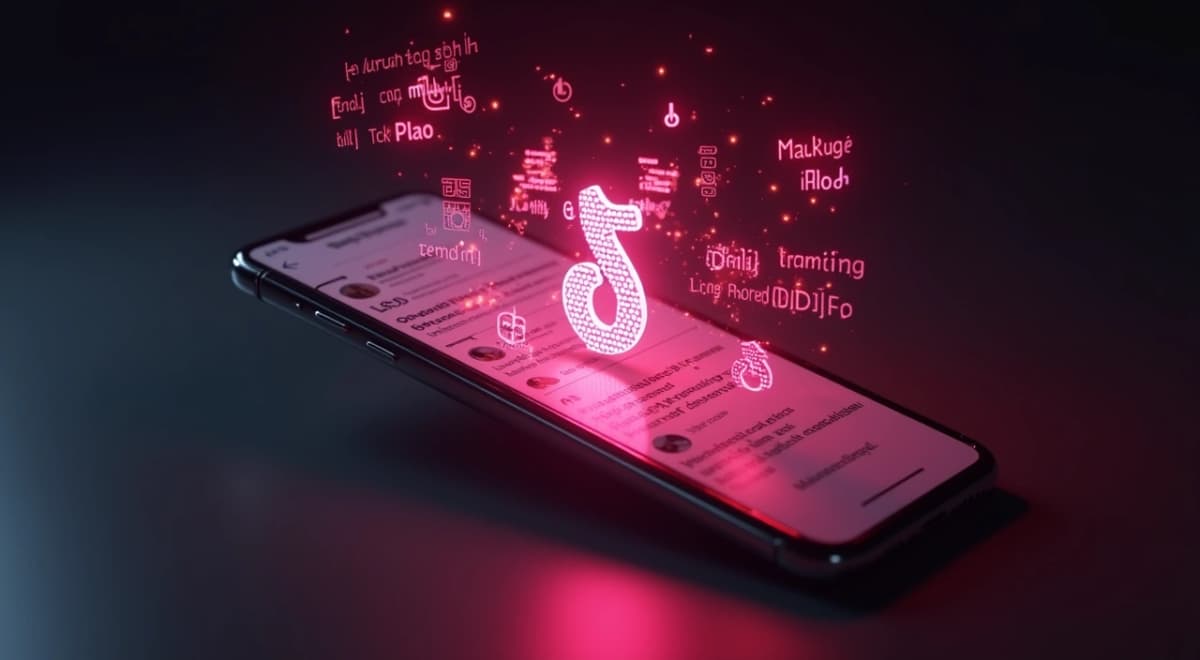 Tendências de TikTok em 2026: celular exibindo feed vertical com elementos de IA, trending sounds e hashtags em alta explodindo ao redor da tela