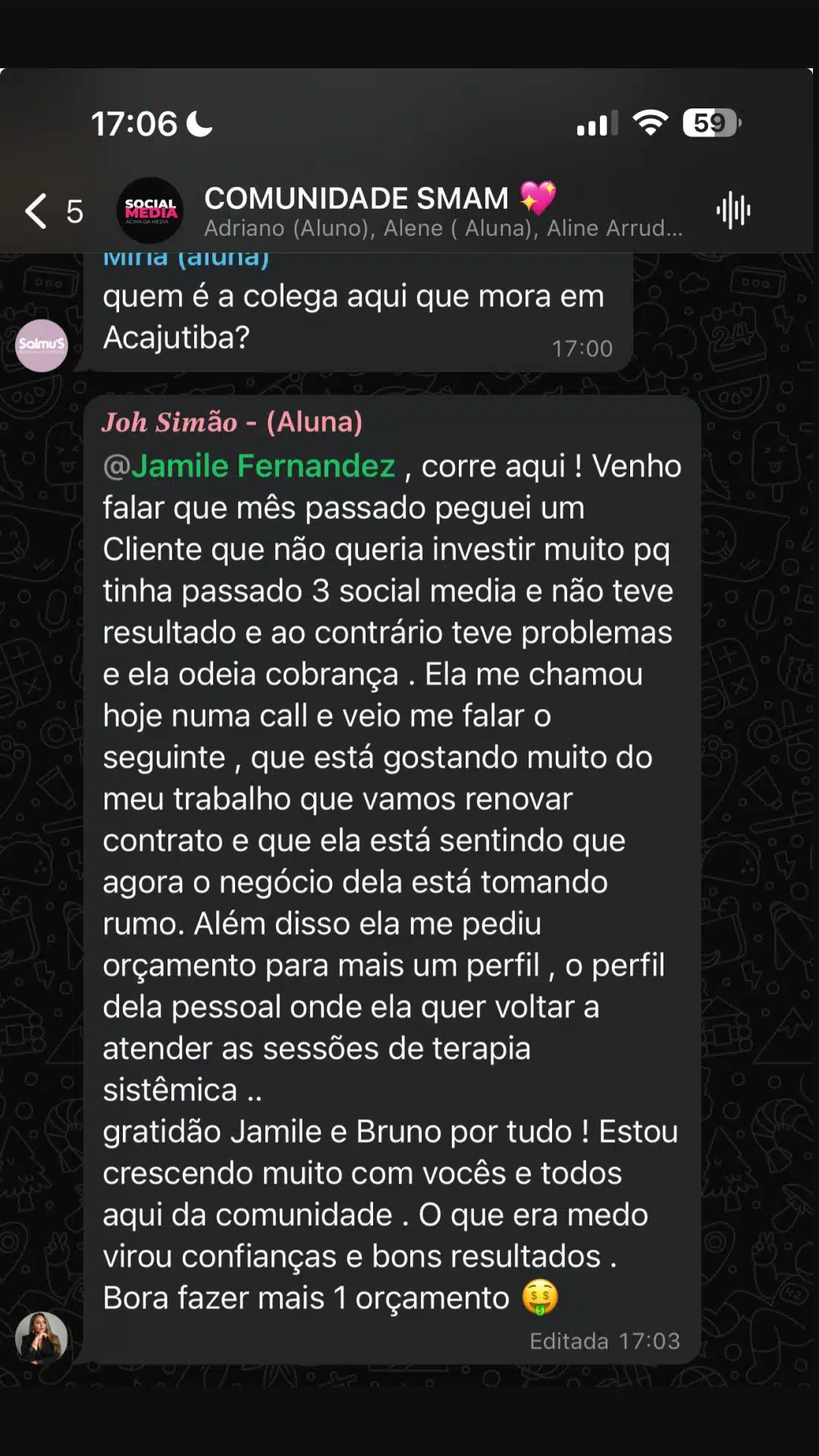 Depoimento Método SMAM - curso social media completo com mentoria ao vivo