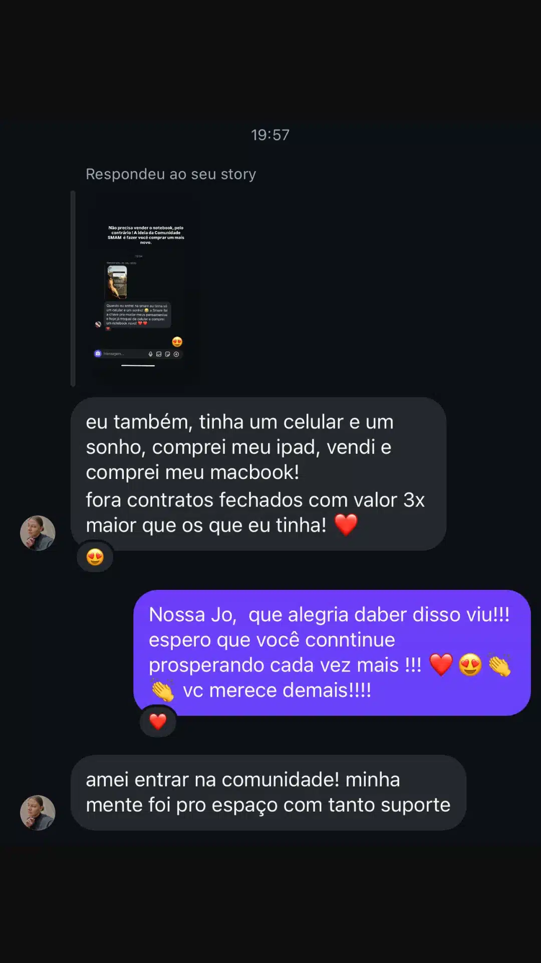 Print depoimento Comunidade SMAM - social media iniciante fechando clientes