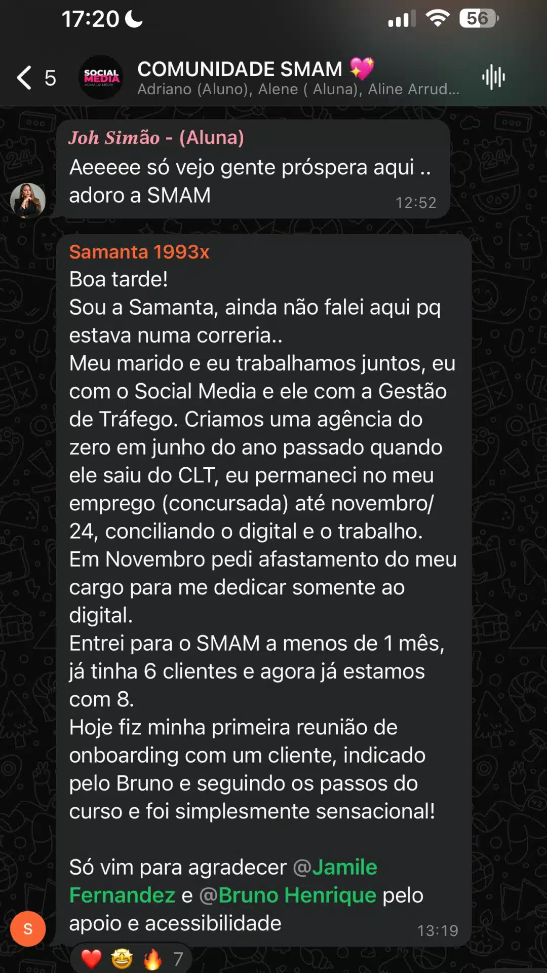 Depoimento de aluna da Comunidade SMAM - resultado com curso de social media