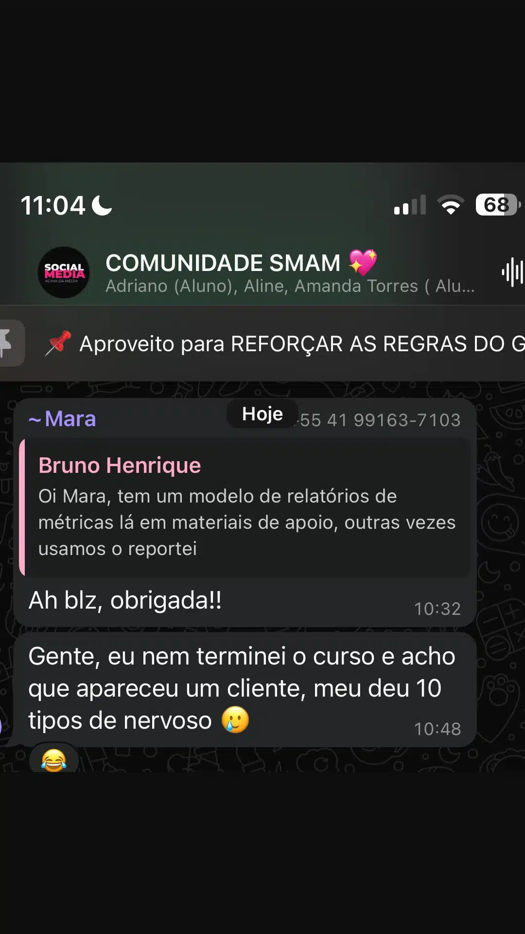 Print de aluno Comunidade SMAM - transformação de social media freelancer